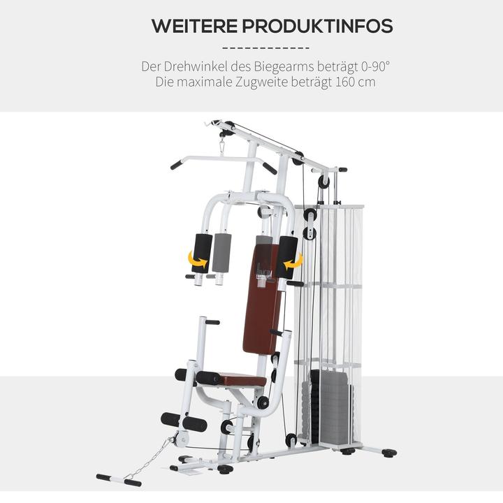 Produktbild Homcom Gym Kraftstation Multigym Fitnessgerät inkl. Gewichten Metall PU-Kunstleder Weiss 150x110x210cm