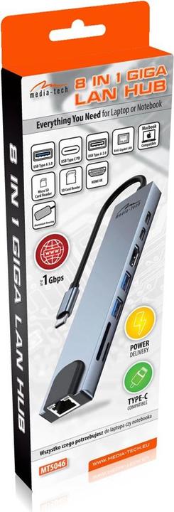 Productafbeelding Media-Tech USB HUB 8 IN 1 GIGA LAN HUB MT5046 (USB-C)