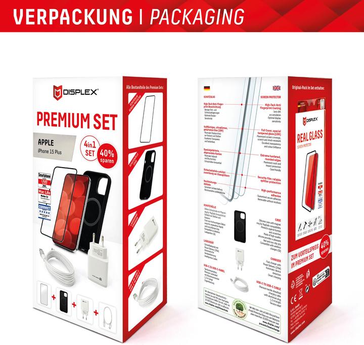 Immagine prodotto Displex Set Premium 4 in 1 (vetro blindato Full Cover, custodia protettiva, caricabatterie, cavo di (1 Pezzo/i, Apple iPhone 15 Plus)