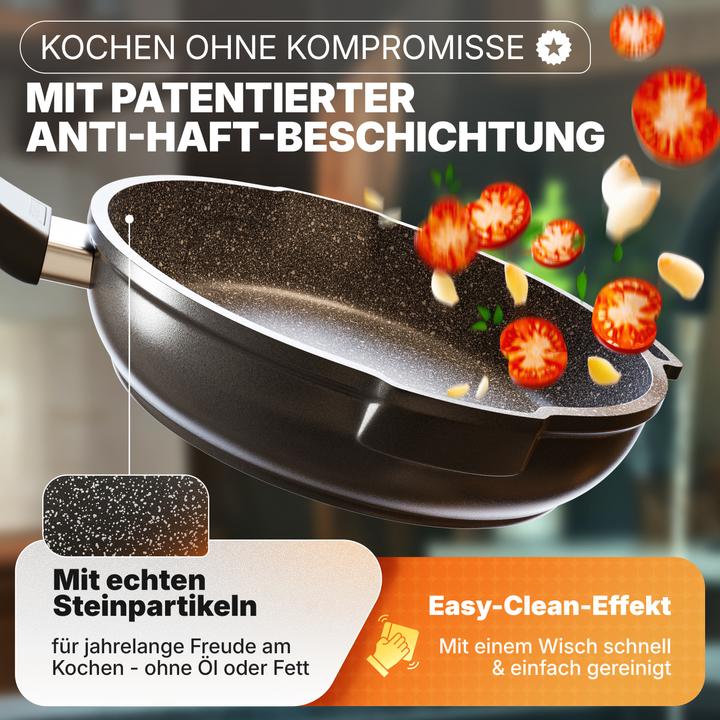 Produktbild Stoneline Future Topfset 8 teilig mit Sieb Deckeln, beschichtete Töpfe, Pfannen Induktion geeignet (24 cm, Kochtopf, Bratpfanne, Stielkasserolle, Bräter + Schmortopf, Aluminiumguss)