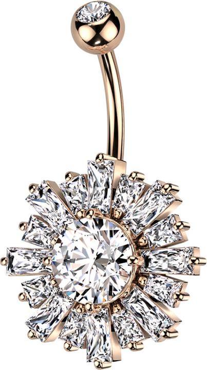 Star Piercing Banane rosegold mit Kugel Kristall silber und Sonne Kristalle silber (Messing, Chirurgenstahl 316L)