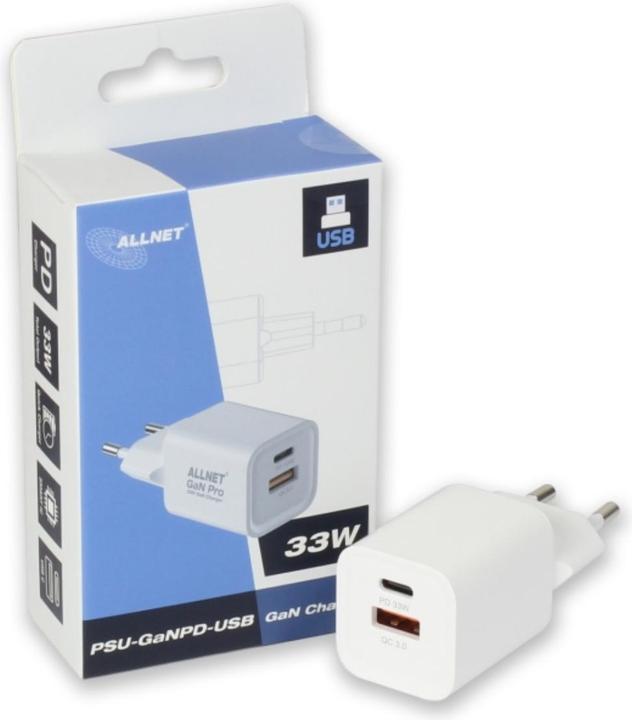Image du produit Allnet Alimentation de rechange QC USB-C PD GaN Alimentation 33 watts 1x USB Type-A QC, 1x USB Type-C** (33 W)