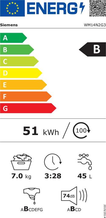 Energy Label Siemens WM 14 N 2 G 3 Washing machine (BC) B 7kg 1400U speedPack L Outdoor programme (7 kg, Left)