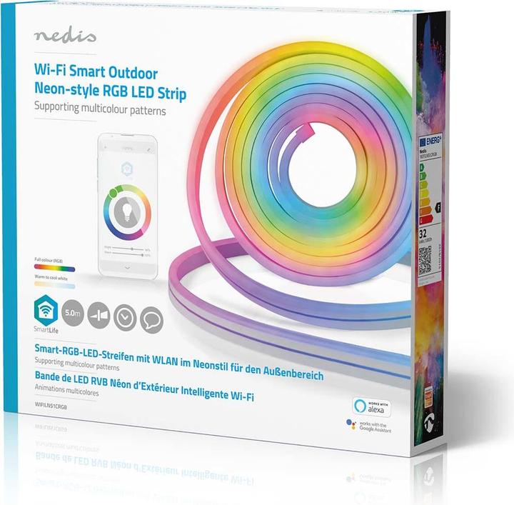 Actual product image Nedis WIFILN51CRGB Smart Full Color LED pásek Wi-Fi | Více barev | 5000 mm | IP65 | 960 lm, F (Multicoloured, 500 cm, Indoor, Outdoor)