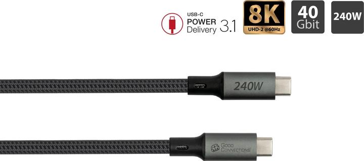 Image du produit Good Connections Câble USB 4.0 Gen. 3x2 40GBit/s 240W 8Ka60Hz USB-C mâle vers femelle (1.80 m, USB 4.0, 240 W)