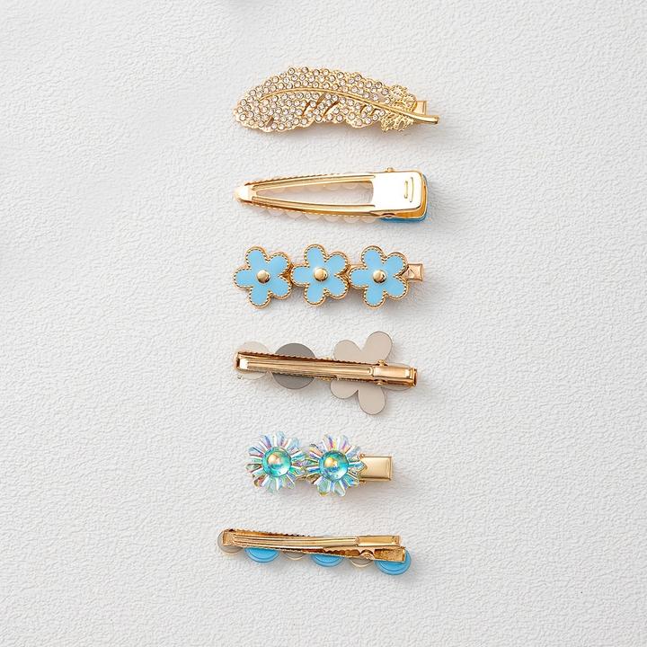 Actual product image Activity Board 6pcs Bunte Feder Blumen Faux Perle Strass Haarspangen Mode Luxus Urlaub Reise Haarnadeln (6 pcs.)