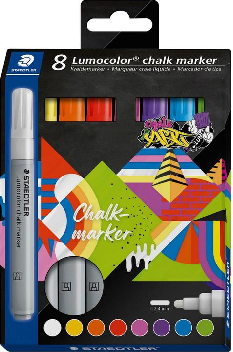 Staedtler Marqueur craie, 2.4 mm, 344-0, -1, -4, -2, -20, -6, -3, -5, Étui carton avec 8 pièces (triés par couleur, 2.40 mm, 8 x)