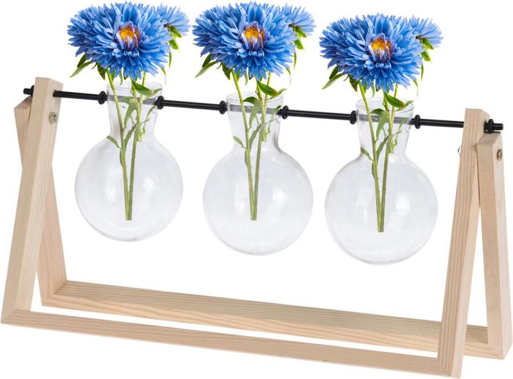 Actual product image Casativo Set of 3 Glass Vases in Wooden Stand, 14.5 x 30 x 7 cm