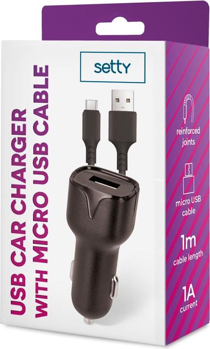 Productafbeelding Setty autolader 1x USB 1A zwart + microUSB kabel 1,0 m NIEUW