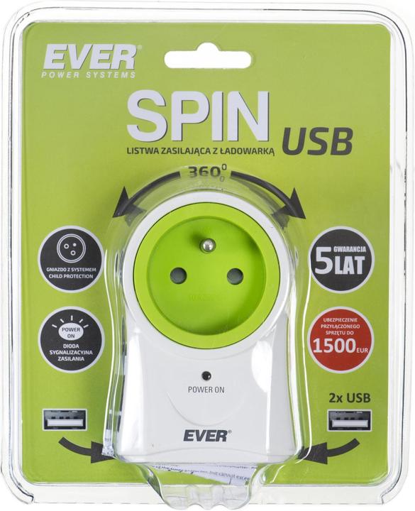 Productafbeelding Ever SPIN T / LZ10-SPI000 / 0000 Meervoudige contactdoos (1 x UTE, 2 x USB, 16 A (3680 W), wit) (1 x, 0.20 m)