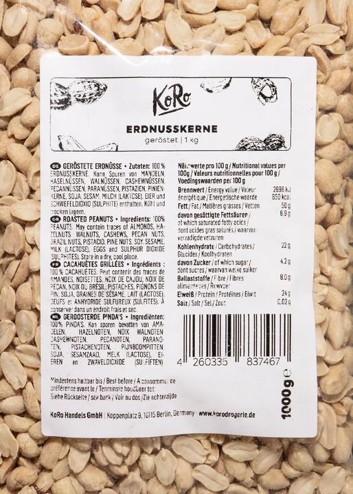 Nährwerte und Zutaten KoRo Geröstete Erdnusskerne (1000 g)