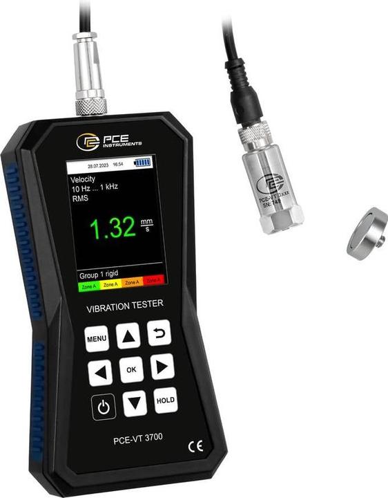 1x vibration measuring device PCE-VT 3700 - 1x sensor with spiral cable PCE-VT 3xxx SENSOR - 1x magnetic holder PCE-VT VMH - 3 x 1.5 V AA battery - 1x quickstart guide - 1x service bag.