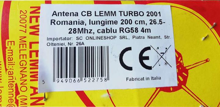 Actual product image Lemm CB antenna TURBO 2001 Romania, length 200 cm, gain 6.5 dB, 26.5-28 MHz, 2000 W, cable RG58 4