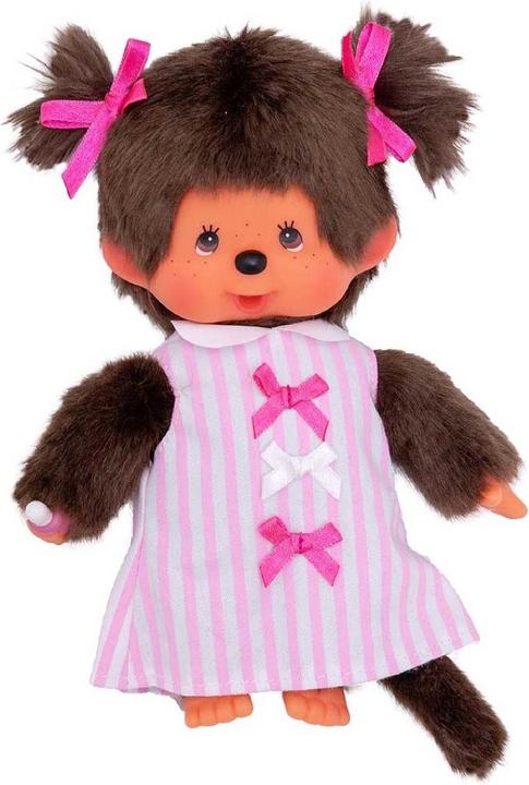 Produktbild Monchhichi Sekiguchi 223589 Original Mädchen, aus braunem Plüsch, mit pink-weiss gestreiftem Kleid und Zöpfen m (20 cm)