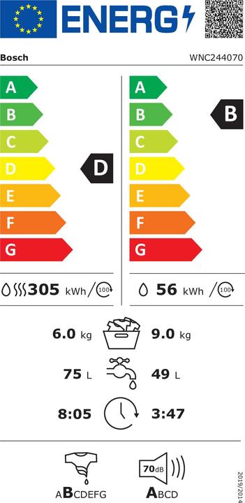 Label énergétique Bosch Hausgeräte WNC244070 (Prise UE)