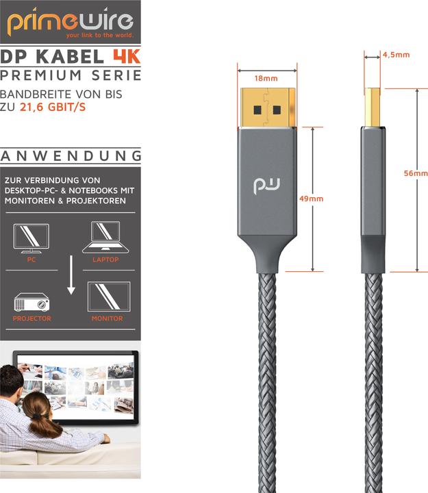 Actual product image Primewire DisplayPort cable, DP 1.2, connection cable 4K 3840 x 2160 @ 60 Hz / 2K @ 120Hz for monitor (5 m, DisplayPort)