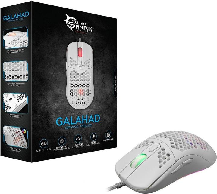 Produktbild White Shark Extremely light gaming mouse Galahad White, 72g (Kabelgebunden)