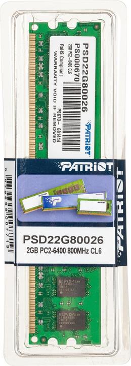 Produktbild Patriot 2GB DDR2 PC6400 800MHz DIMM (1 x 2GB, 800 MHz, DDR2-RAM, DIMM)