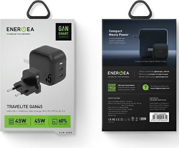 Actual product image Energea ład. siec. 2xUSB-C PD-PPS 45W 2C czarny/black US+EU Travelite GAN45 (45 W)