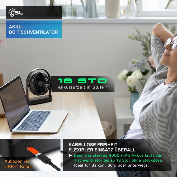 Actual product image CSL Akku Tischventilator, sehr leise, USB Mini Desk Fan, Schreibtischventilator, mobiler Lüfter DC Motor (46.40 dB)
