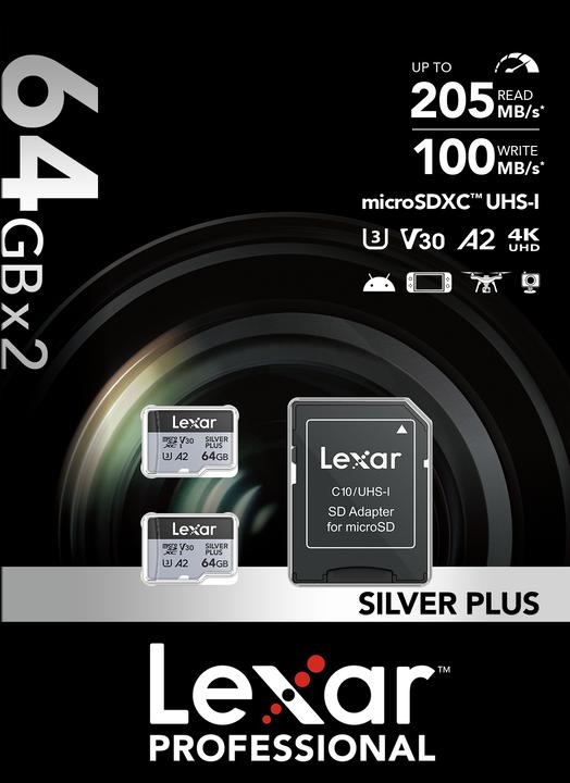 Image du produit Lexar Professional Silver Plus 2-Pack (64 Go, microSDXC, U3, UHS-I)