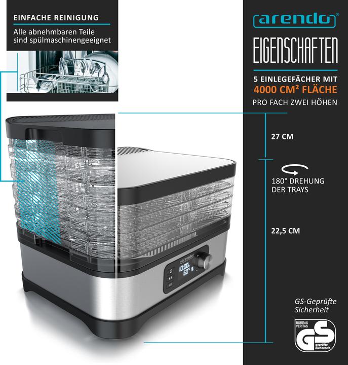 Image du produit Arendo Dörrautomat mit Temperaturregler, 5 Etagen, 35-70°C, Edelstahl, Dörrgerät 400 W, Timer 24h, BPA-frei