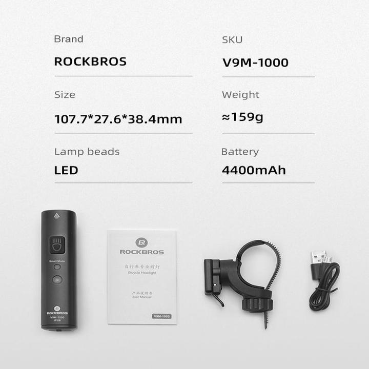 Immagine prodotto Rockbros V9M-1000 luce anteriore per bicicletta 1000lm - nero (1000 lm)