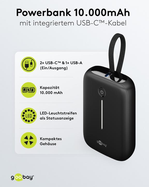 Immagine prodotto Goobay Powerbank 10.000 mAh mit integriertem USB-C-Kabel (10000 mAh, 15 W)