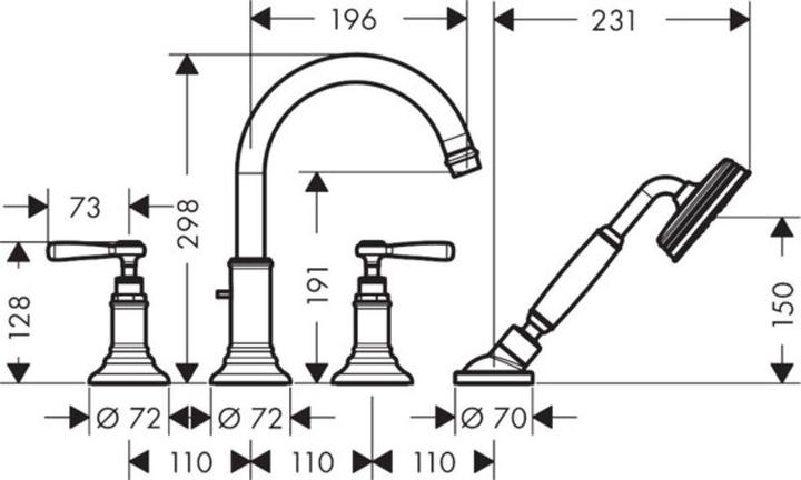 Actual product image Axor MONTREUX 4-hole bath tub edge fitting, lever handles, 196mm projection