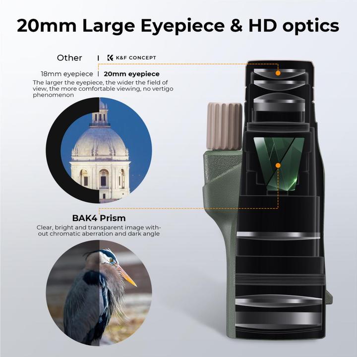 Image du produit K&F Concept Monoculaire 12*50 BAK4 HD avec queue d'aronde Akka vert armée (12 x, 50 mm)