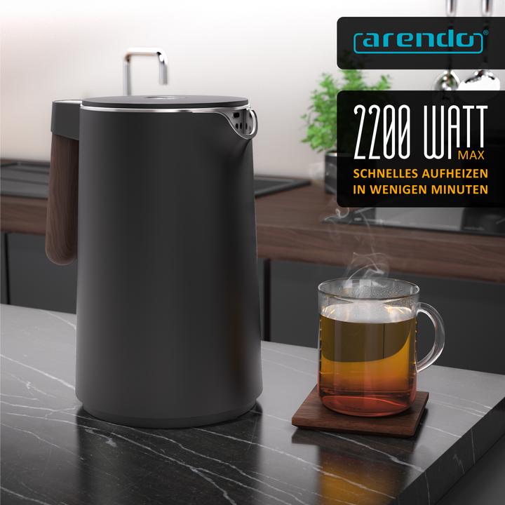 Produktbild Arendo Edelstahl Wasserkocher 1,5 L, 2200 W, Temperatureinstellung 45°C - 100°C, Warmhaltefunktion, Schwarz (1.50 l)