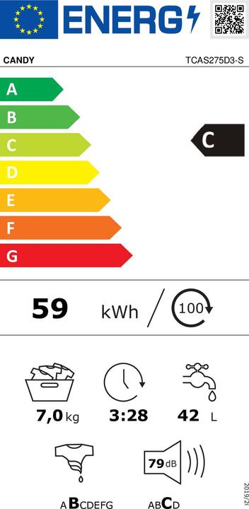 Label énergétique Candy TCAS275D3 S (7 kg, Oben (7 kg, Vers le haut)