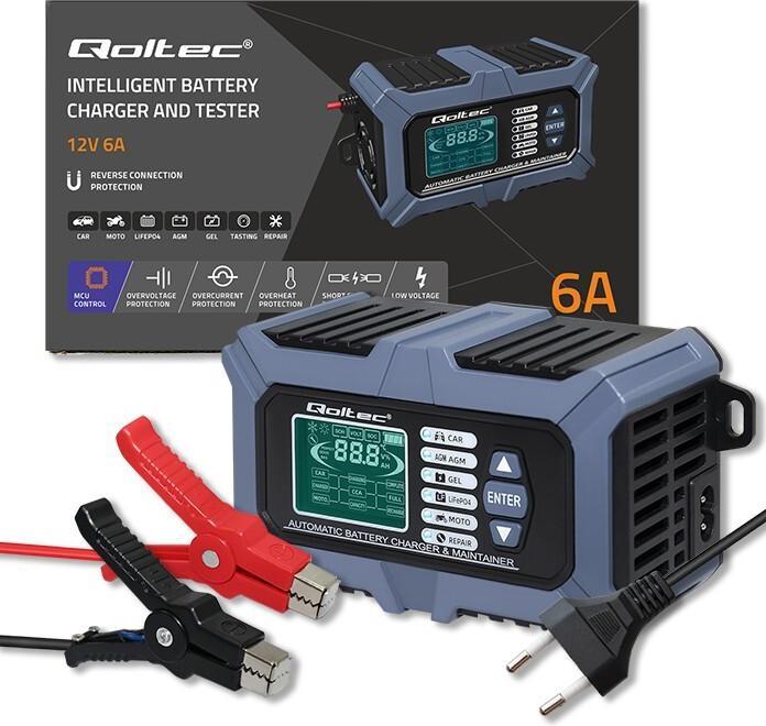 Produktbild Qoltec Inteligentna mikroprocesorowa ładowarka z testerem baterii i funkcją naprawy 12V | 6A | LCD | (12V, 6 A)