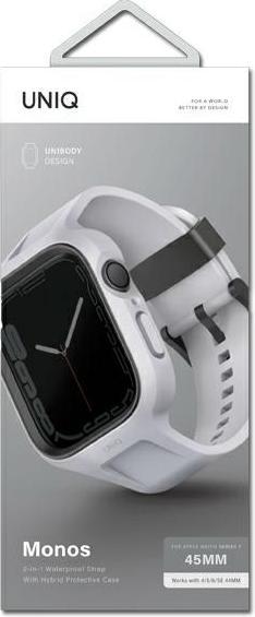 Actual product image Uniq pasek Monos 2in1 Apple Watch Strap + Case Series 4/5/6/7/8/SE/SE2 44/45mm. szary/chalk grey (Plastic, TPU, PC)