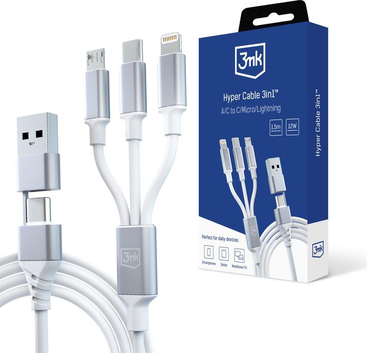 Actual product image 3MK Hyper Cable 3w1 USB-A/USB-C - USB-C/Micro/Lightning 1.5m Biały/White cable (1.50 m, USB 3.2 Gen 1, 12 W)