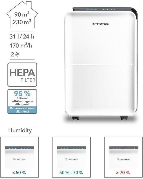 Produktbild Trotec Condensing dehumidifier TTK 99 HEPA, Name: TTK 99 HEPA, Suitable for indoor use: up to (90 m², 31 l/24h)