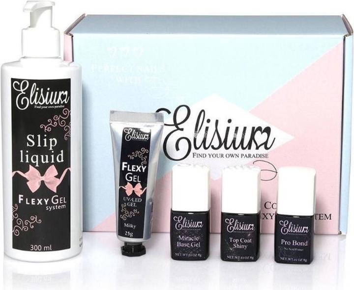Produktbild Elisium Pro Bond + Miracle Base Gel + FlexyGel Milky & Slip Liquid + Top Coat Shiny hybrid starter kit
