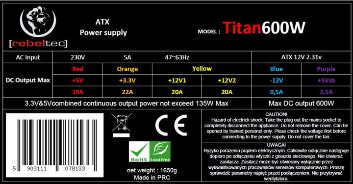 Produktbild Rebeltec ATX ver 2.31 TITAN 600W computer power supply (600 W)