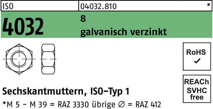 Produktbild Bufab Sechskantmutter ISO 4032 M 16 8 galvanisch verzinkt (M16)