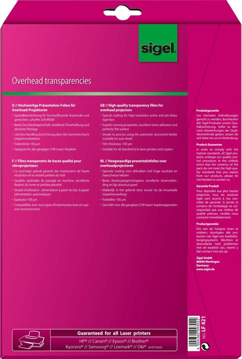Image du produit Sigel Transparents pour rétroprojecteur (100 g/m², 10 x)