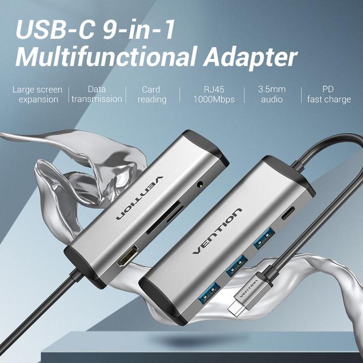 Produktbild Vention Multifunktion Adapter HDMi, 3xUSB, TF, SD, RJ45 (USB-C, 9 Ports)