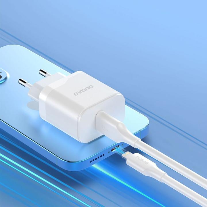 Actual product image Dudao A20EU USB-A 18W wall charger - white + USB-A - Lightning cable (18 W)