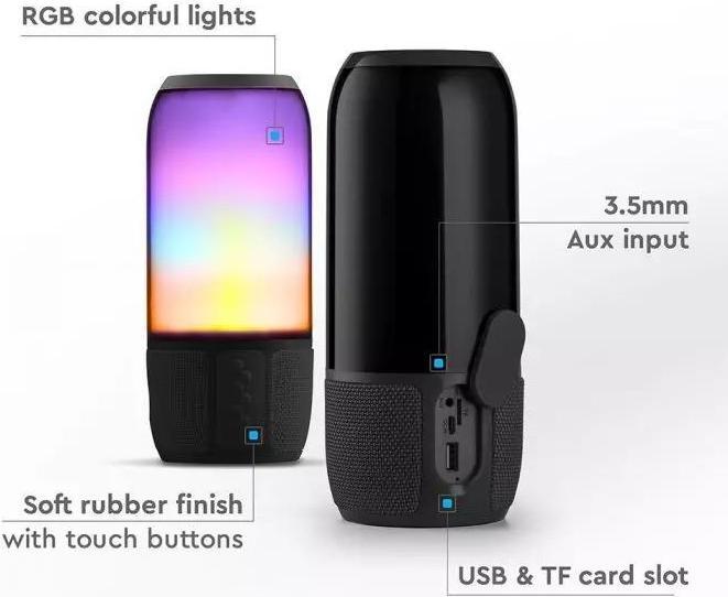 Image du produit V-TAC Haut-parleur Bluetooth 6W avec lumières LED, noir, slot USB et TF, DC : 5V (3 h, Fonctionnement sur piles)
