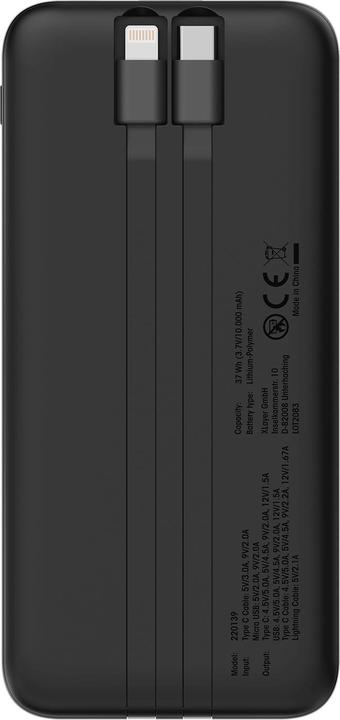 Actual product image Xlayer Powerbank 10,000 mAh with two integrated cables PD 20W Black (10000 mAh, 20 W, 37 Wh)