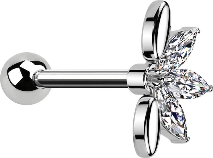 Star Piercing Micro Barbell silber mit Kugel und Fächer silber drei ovale Kristalle silber (Chirurgenstahl 316L, Messing)