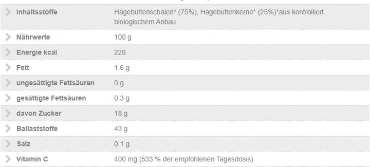 Nutritional values and ingredients NaturKraftWerke Hagebutte Pulver Bio/kbA (1 Piece, Powder, 685 g)