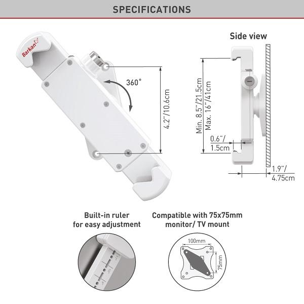 Immagine prodotto Barkan Supporto da parete per tablet 7-14", chiudibile, bianco