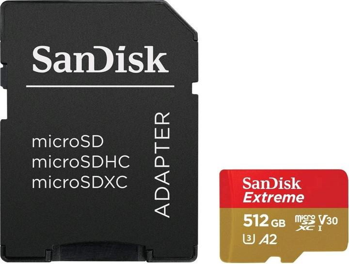Produktbild SanDisk Extreme microSD A2 V30, inkl. Adapter (512 GB, microSDXC, U3, UHS-I)
