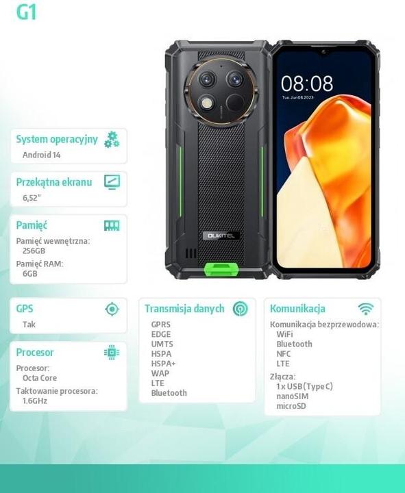 Immagine prodotto Oukitel Smartphone G1 6.52 6/256 10600 mAh DS. Colore verde (256 GB, Verde, 6.52", 48 Mpx, 4G)