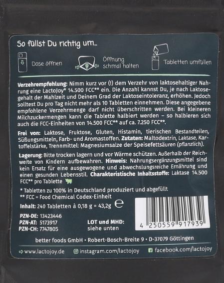 Nutritional values and ingredients Lactojoy Lactase refill pack (240 Piece, Pills, 43.20 g)